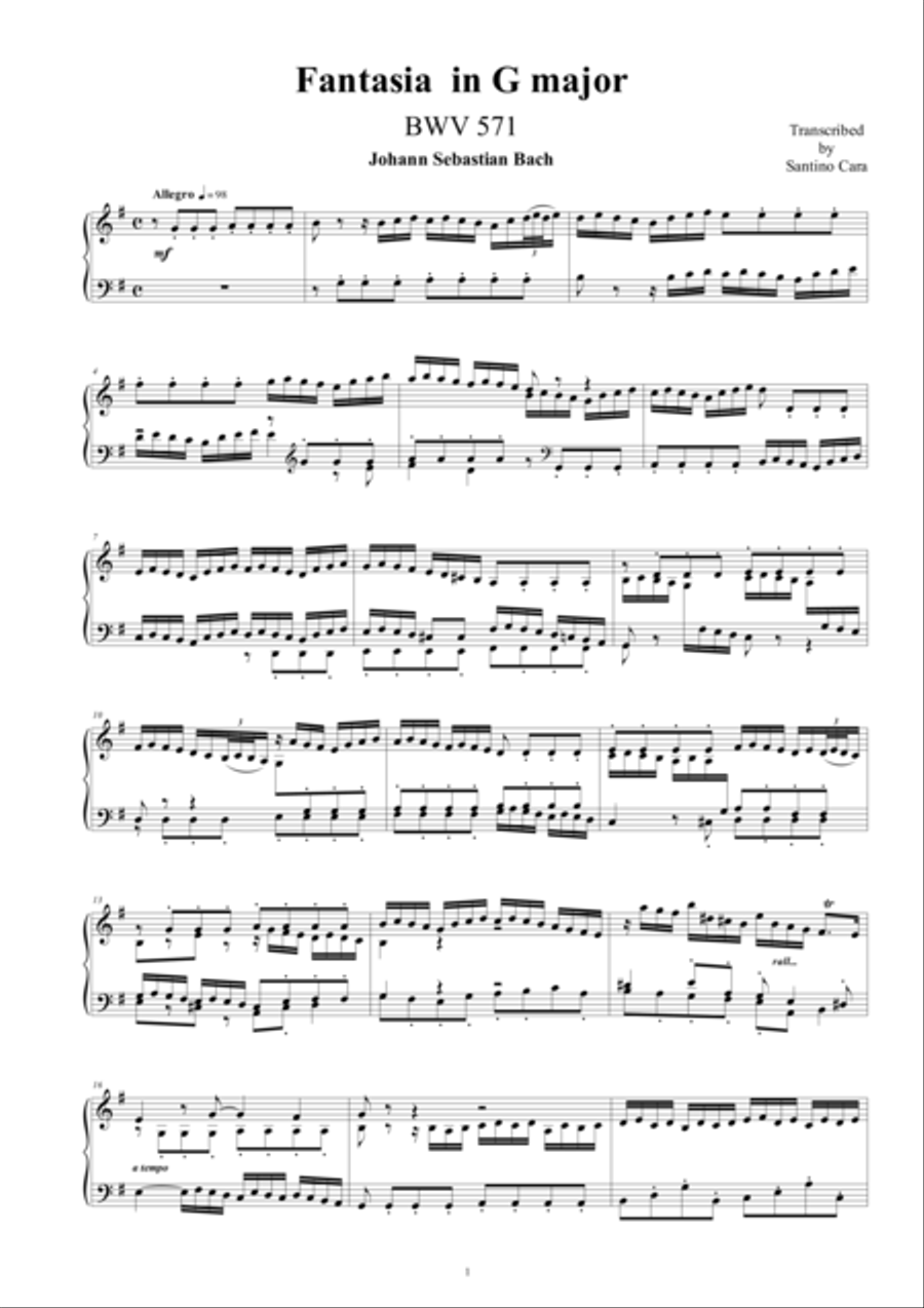 Fantasia (Concerto of Bach) in G major BWV 571 for piano Piano Solo scores gallery preview page 1