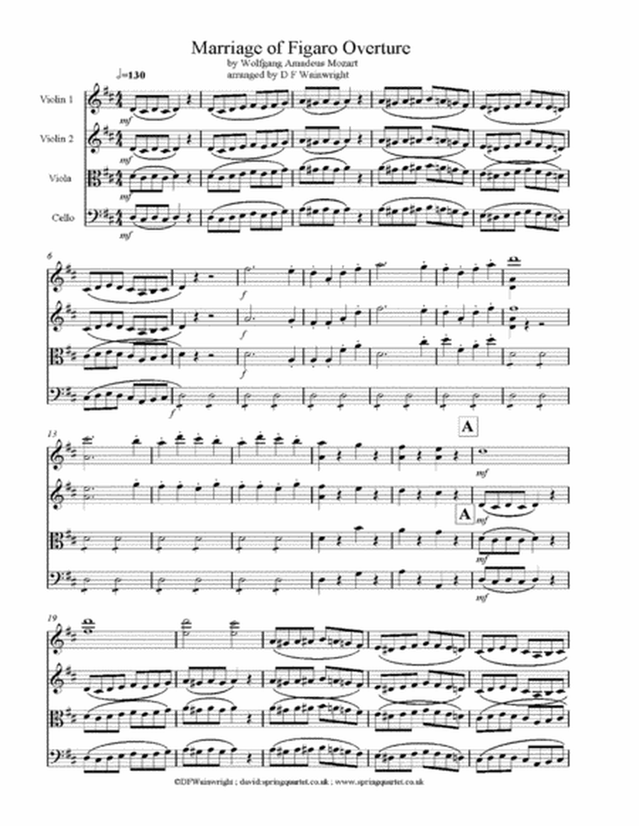 Marriage of Figaro for string quartet with score, parts with rehearsal letters image number null