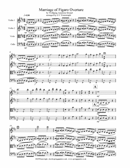 Marriage of Figaro for string quartet with score, parts with rehearsal letters image number null