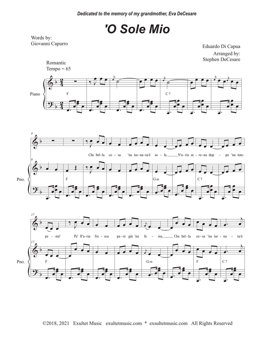 O Sole Mio (Vocal solo - High Key) High Voice scores gallery preview page 1