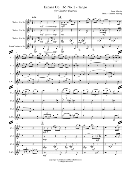 Albeniz - Espana Op.165 No. 2 Tango (for Clarinet Quartet) image number null