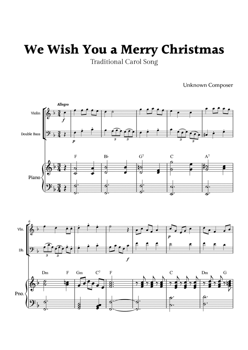 We Wish you a Merry Christmas for Violin and Double Bass Duet with Piano image number null