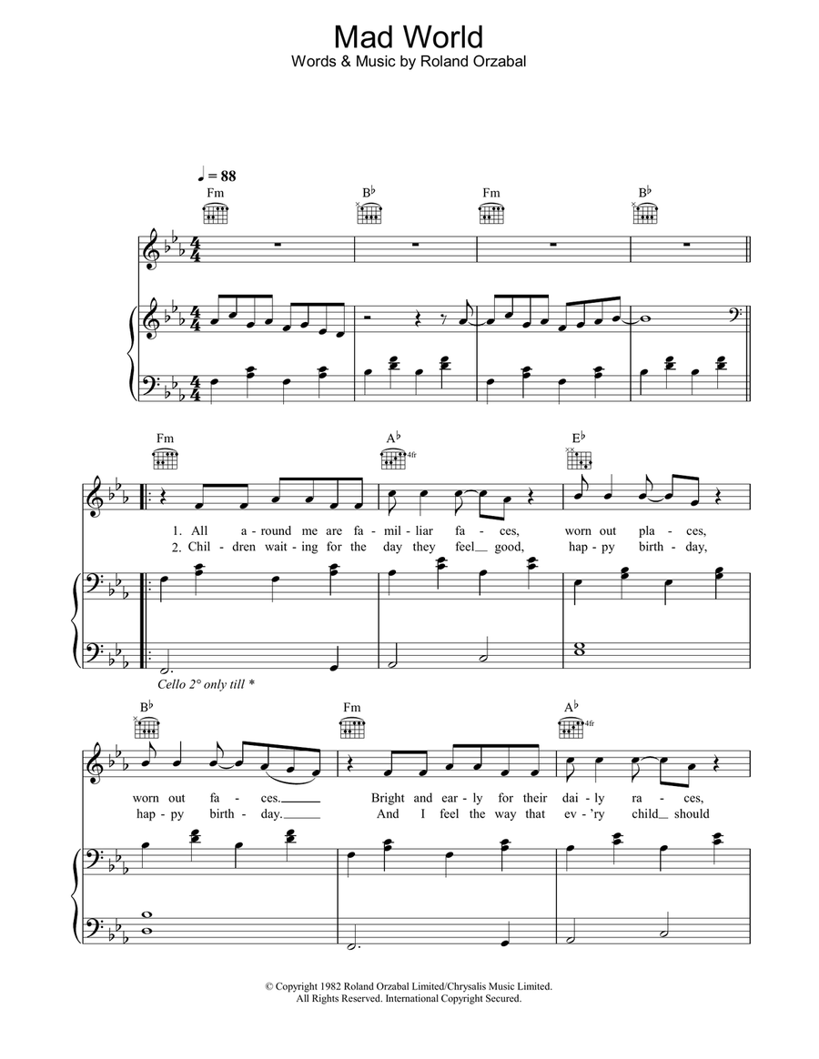 Mad World Piano, Vocal, Guitar scores gallery preview page 1