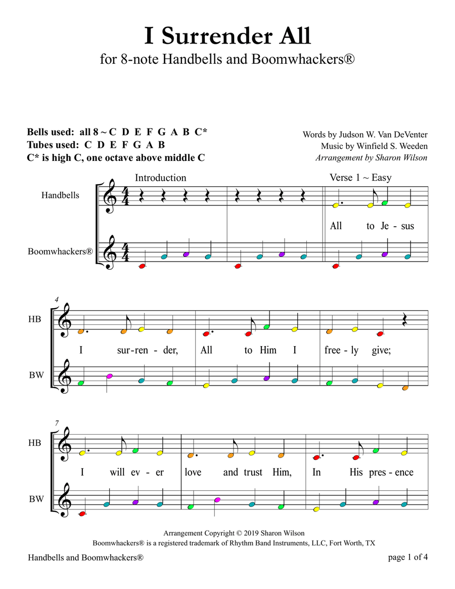 I Surrender All (for 8-note Bells and Boomwhackers® with Color Coded Notes) Handbell Choir scores gallery preview page 5