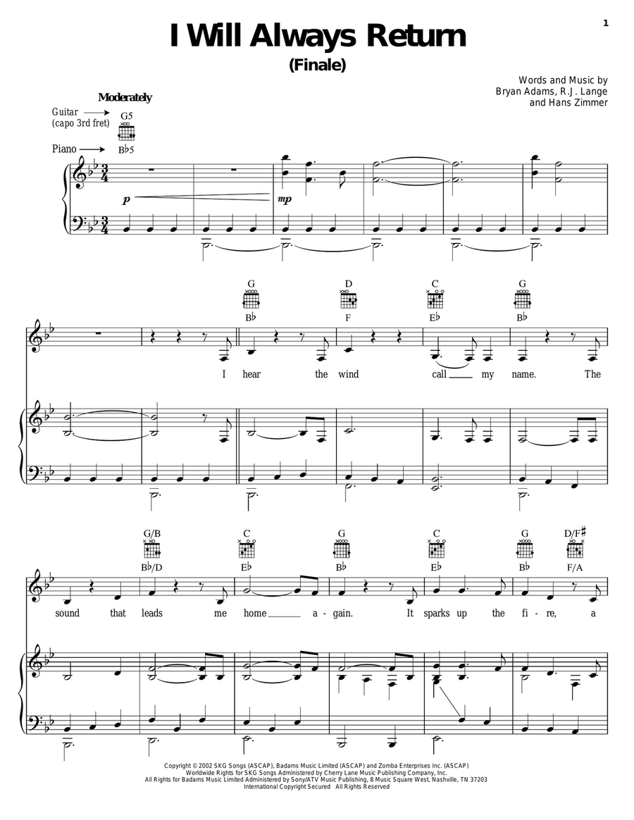 I Will Always Return (Finale) Piano, Vocal, Guitar scores gallery preview page 1