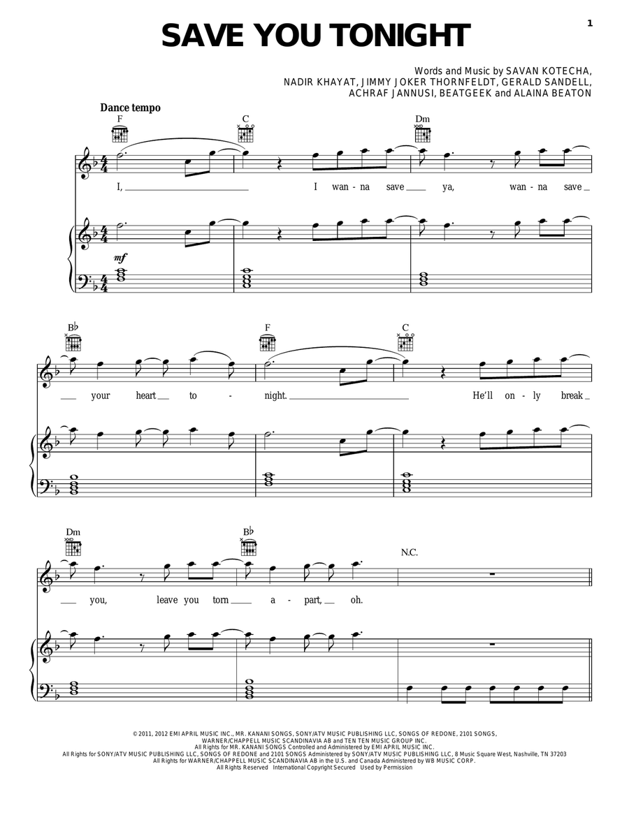 Save You Tonight Save You Tonight Piano, Vocal, Guitar scores gallery preview page 1