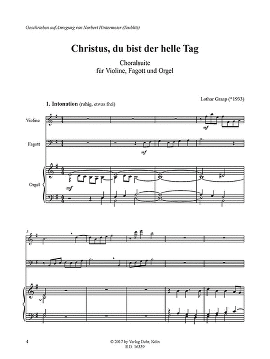 Christus, du bist der helle Tag -Choralsuite für Violine, Fagott und Orgel-