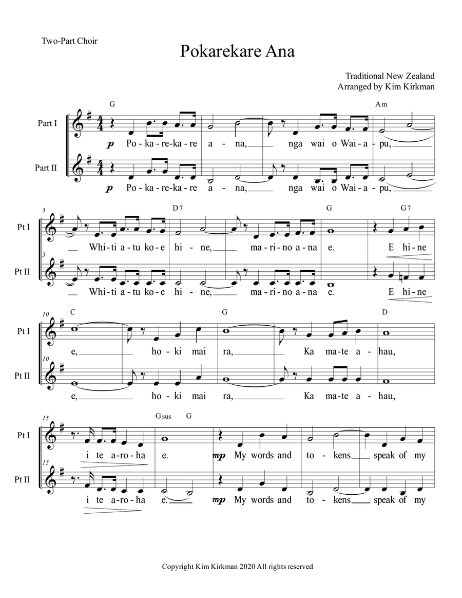 Pokarekare Ana for two-part choir 2-Part scores gallery preview page 1