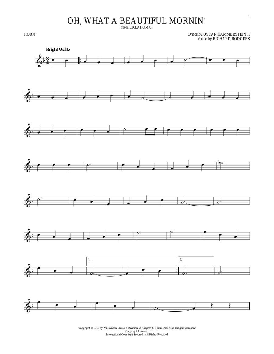 Oh, What A Beautiful Mornin' (from Oklahoma!) Horn Solo scores gallery preview page 1