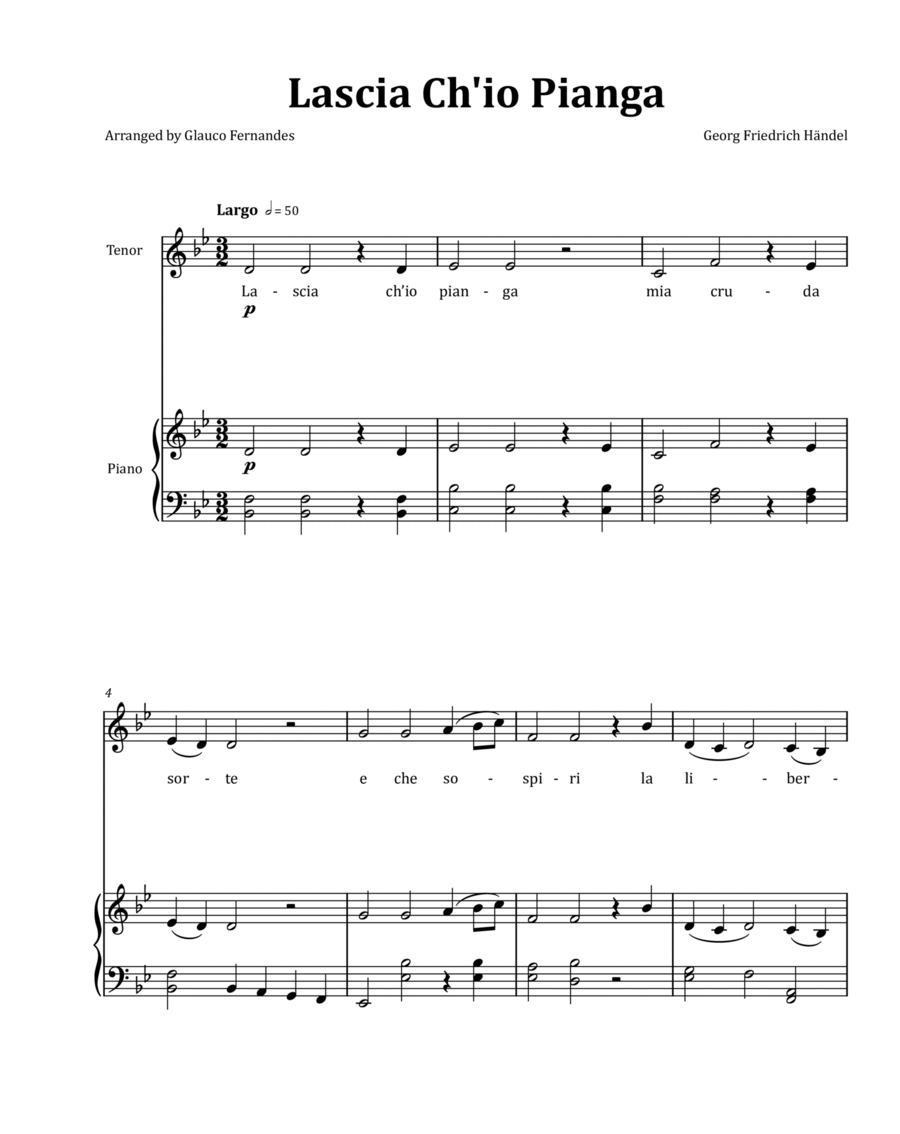 Lascia Ch'io Pianga by Händel - Tenor & Piano in B-flat Major image number null