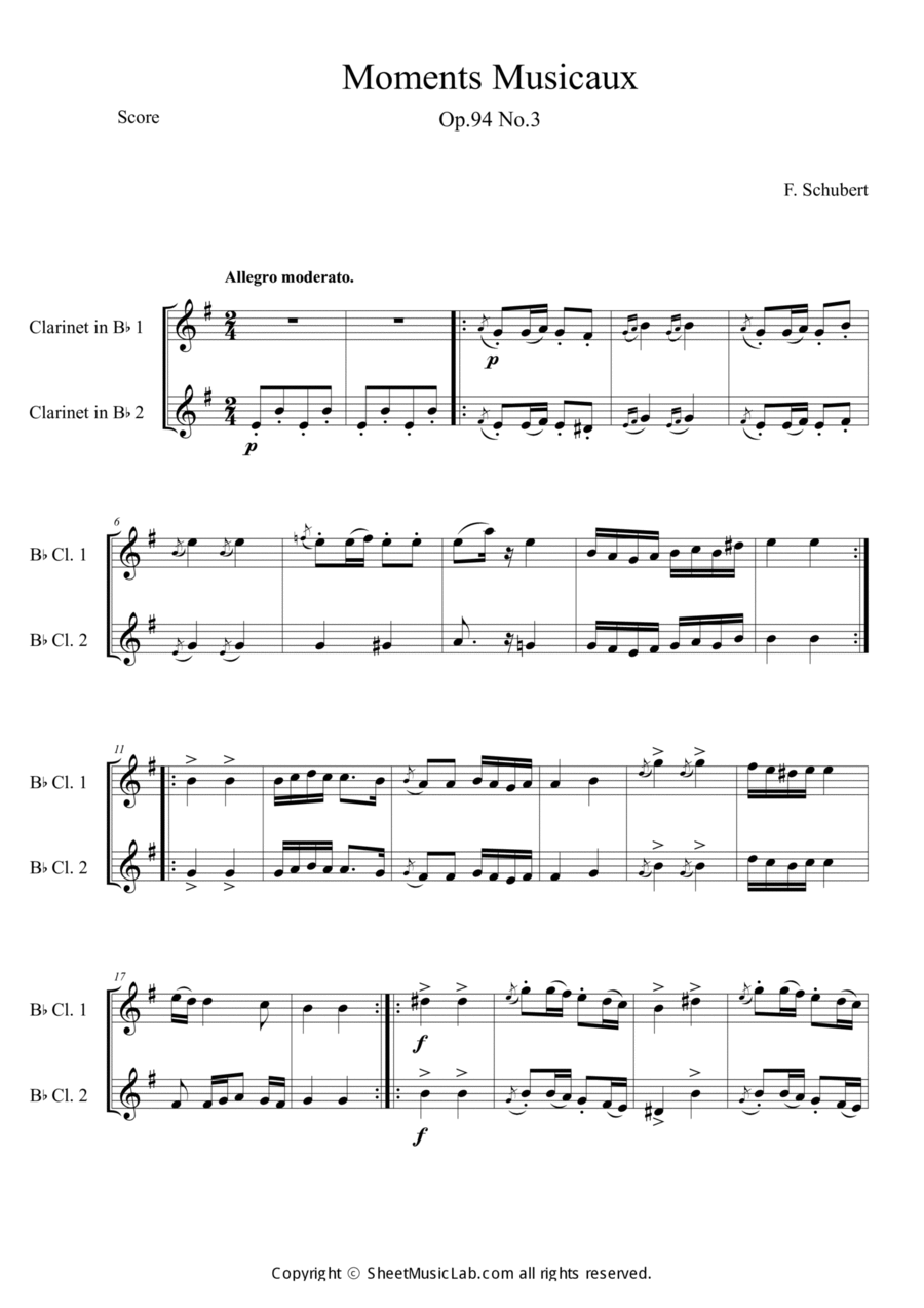 Moments Musicaux No.3 in Dm Clarinet Duet scores gallery preview page 1