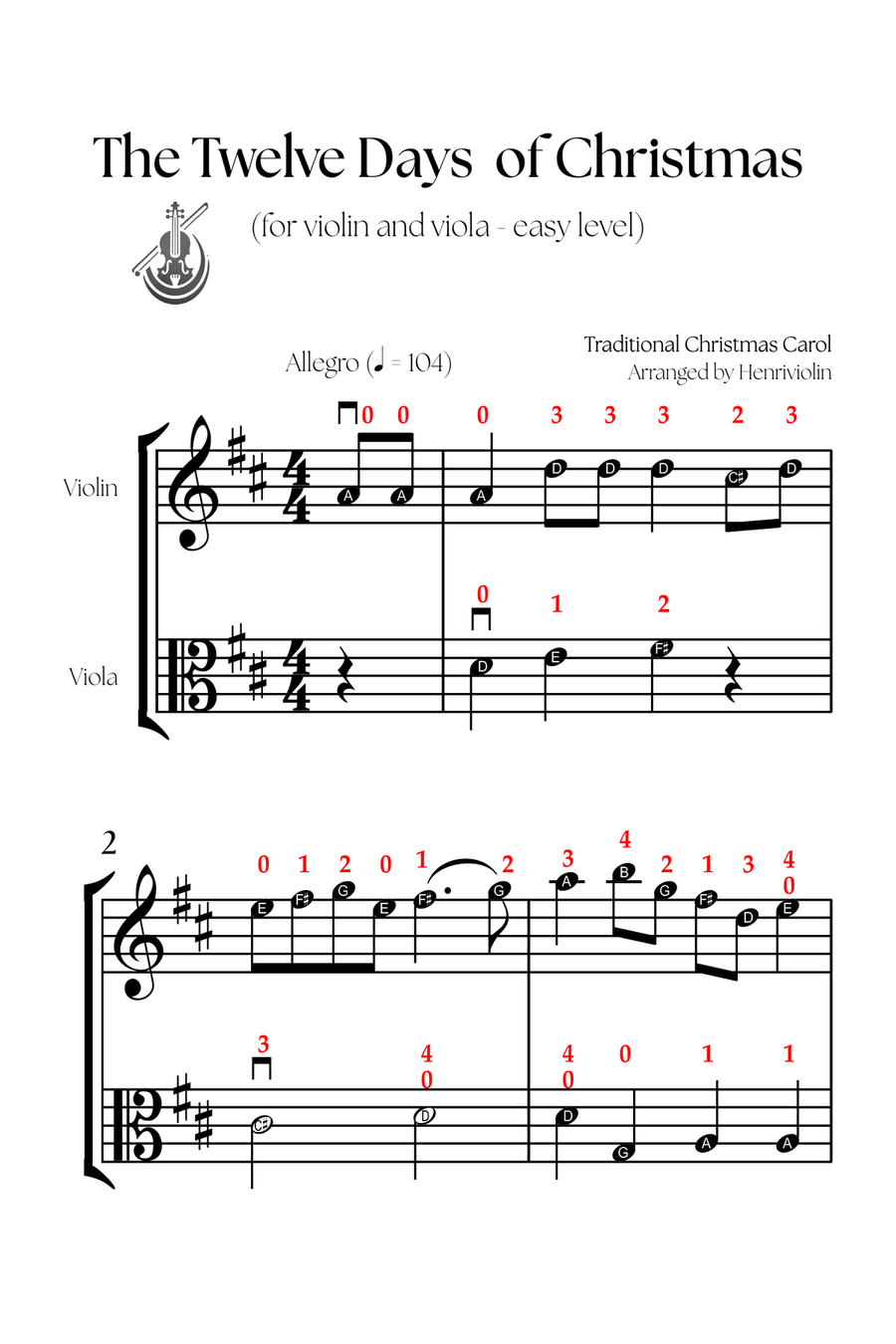The Twelve Days of Christmas (VIOLIN AND VIOLA - EASY LEVEL) String Duet scores gallery preview page 2