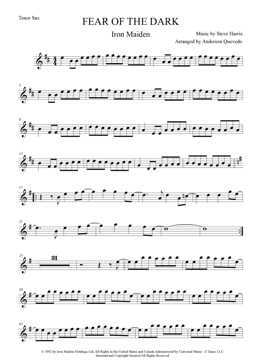 Fear Of The Dark Tenor Saxophone scores gallery preview page 1