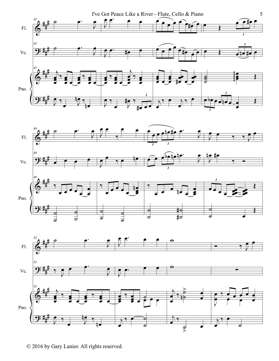 Gary Lanier: I'VE GOT PEACE LIKE A RIVER (Trio – Flute, Cello & Piano with Parts) Small Ensemble scores gallery preview page 6