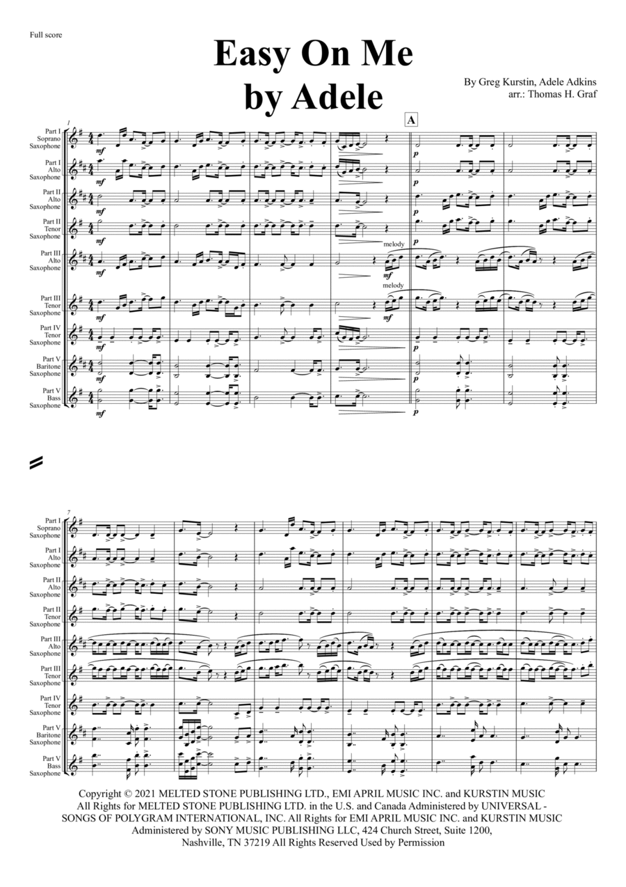 Easy On Me Saxophone Quintet scores gallery preview page 1