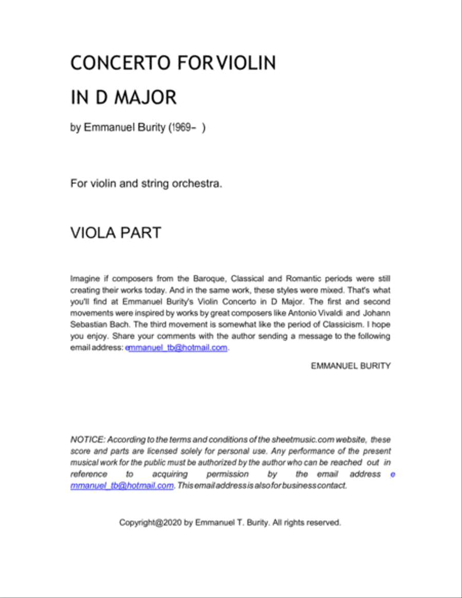 Concerto for Violin in D Major by Emmanuel Burity (1969- ) String Orchestra scores gallery preview page 2