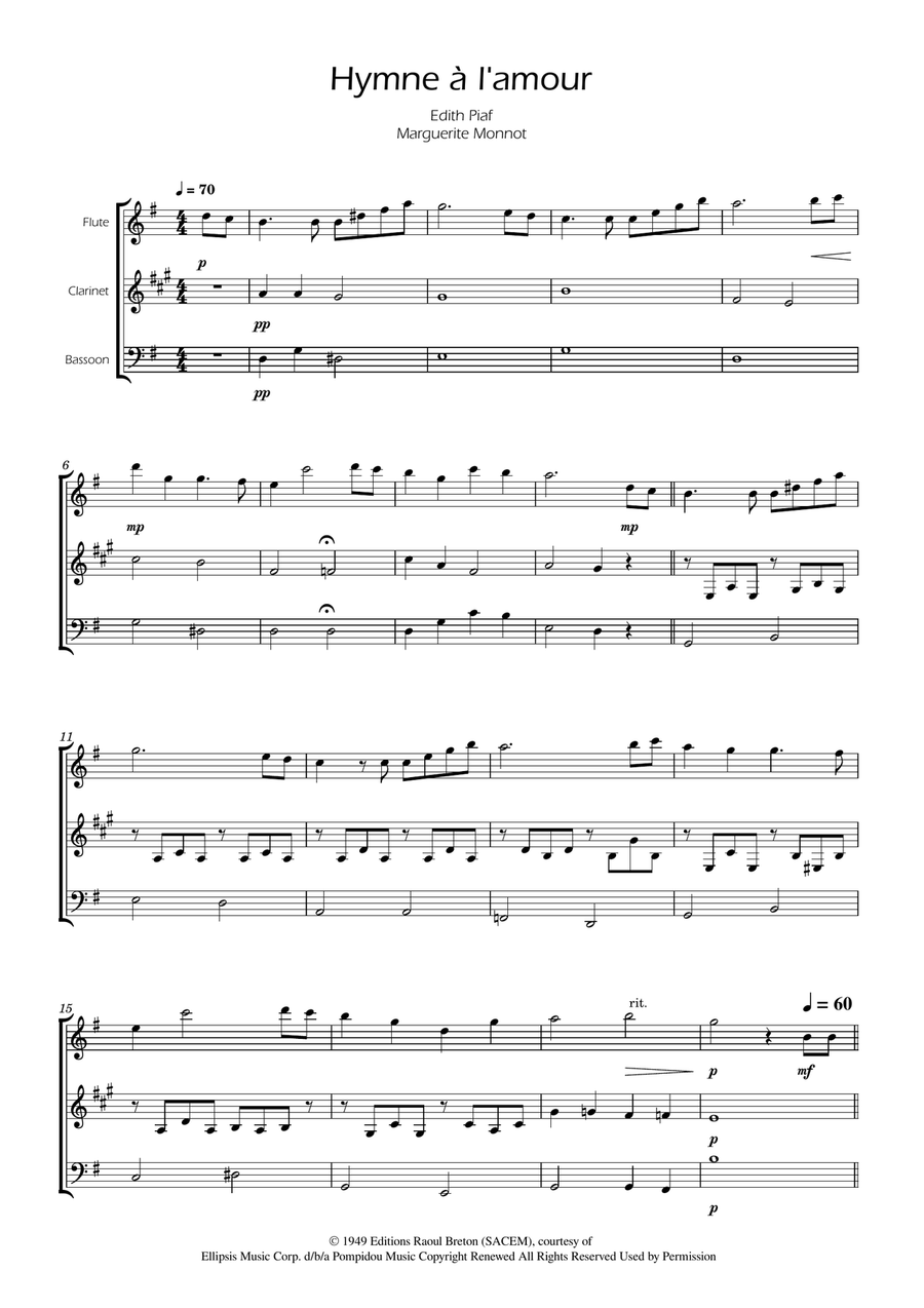 Hymne A L'amour Woodwind Trio scores gallery preview page 1