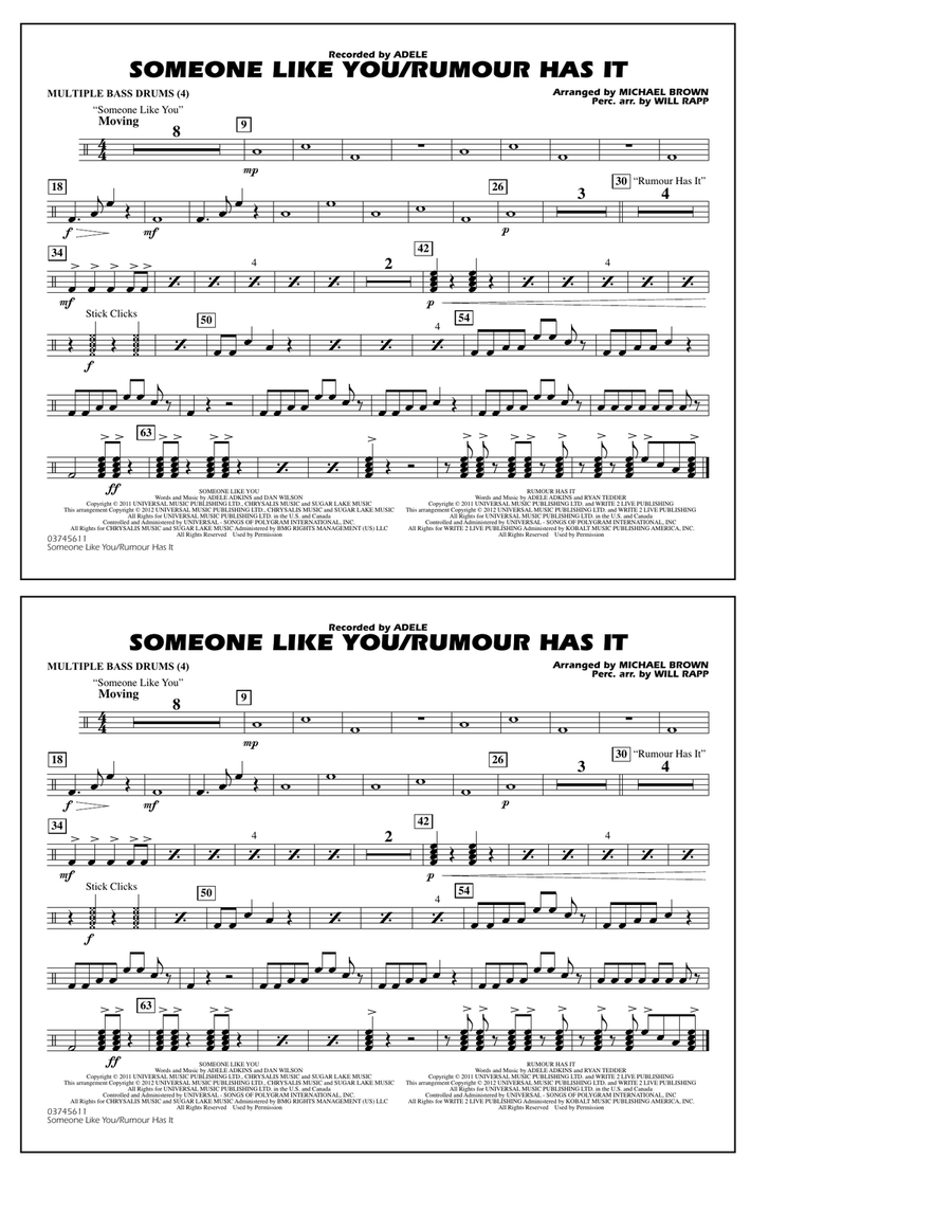Someone Like You/Rumour Has It - Multiple Bass Drums Marching Band scores gallery preview page 1