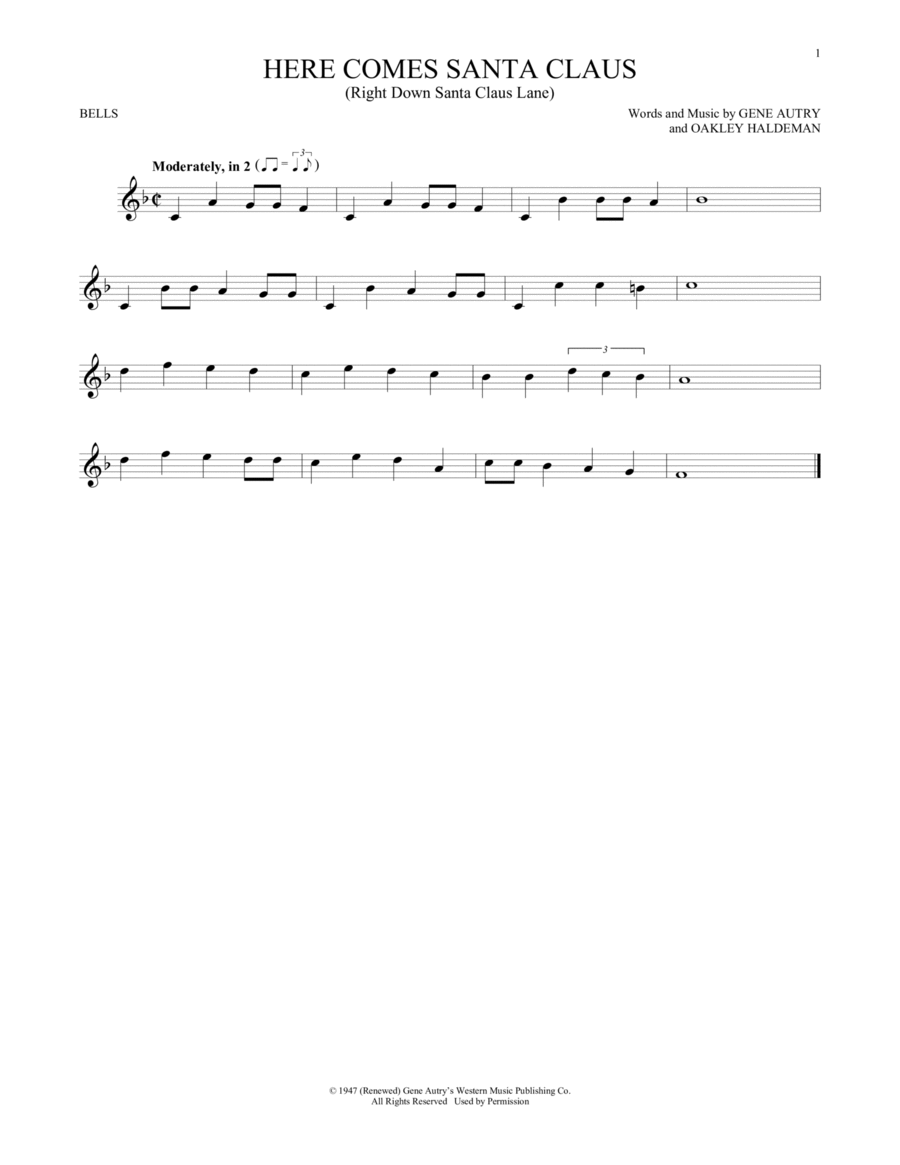 Here Comes Santa Claus (Right Down Santa Claus Lane) Glockenspiel scores gallery preview page 1
