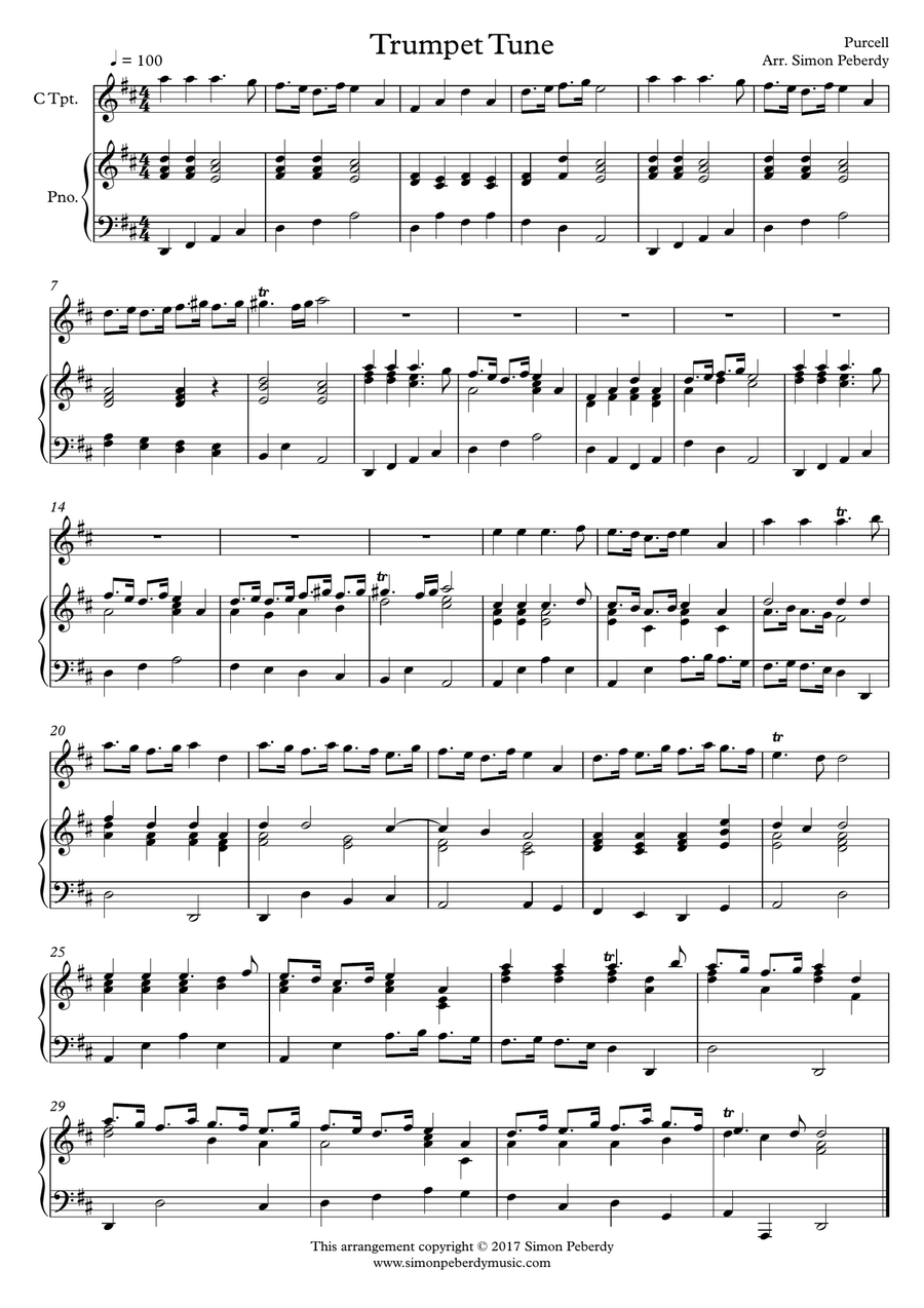 Prince of Denmark (Jeremiah Clarke) and Trumpet Tune (Henry Purcell), Arr. Trumpet and piano/organ b Trumpet Duet scores gallery preview page 1