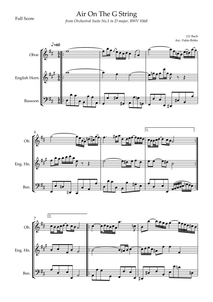 Arrangement of the song Air On The G String (J.S. Bach) for Woodwind Trio. image number null