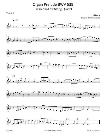 Bach: BWV 539-1 Prelude in D Minor ("Fiddle" Prelude) arr. for String Quartet image number null