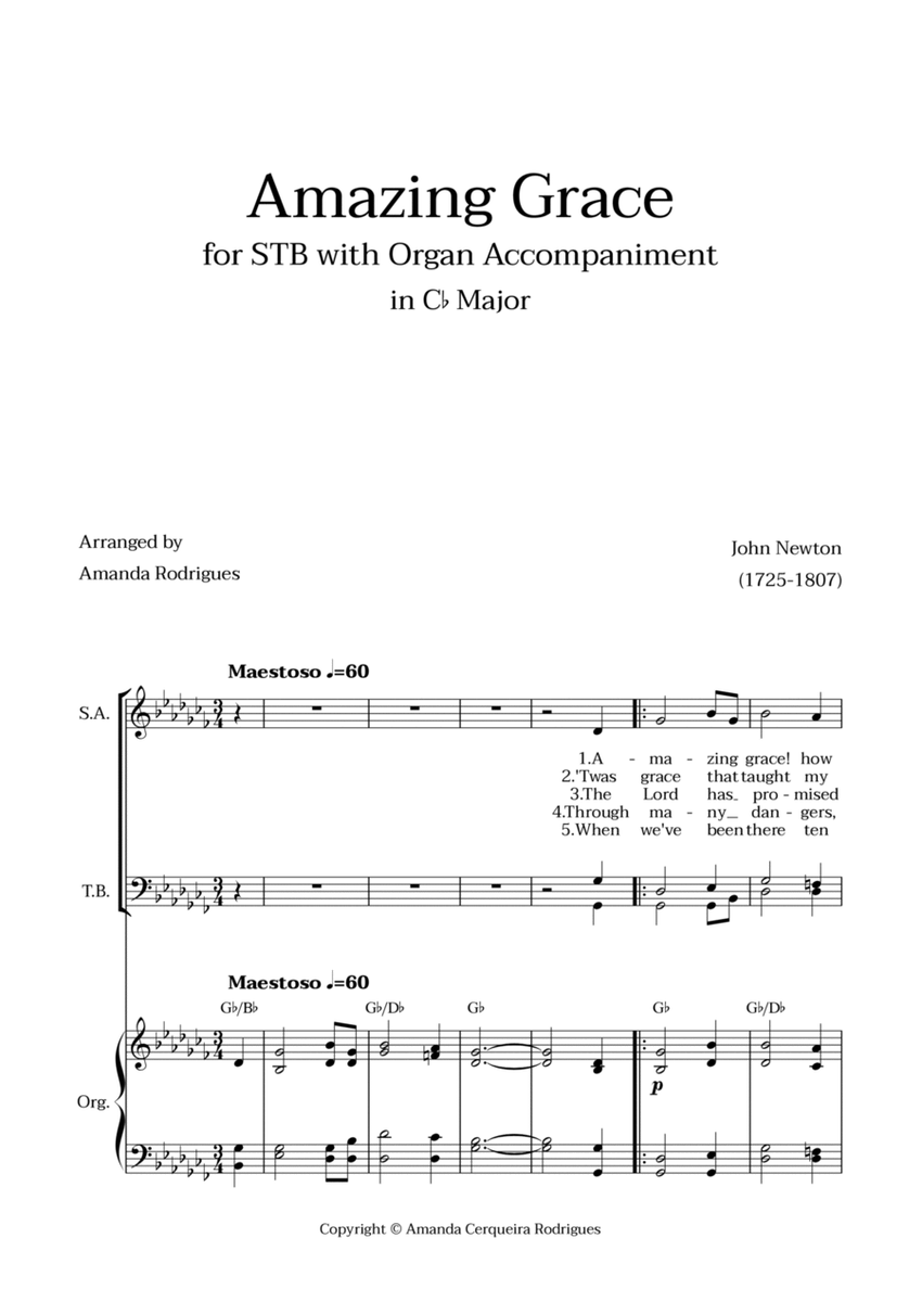 Amazing Grace in Cb Major - Soprano, Tenor and Bass with Organ Accompaniment and Chords image number null