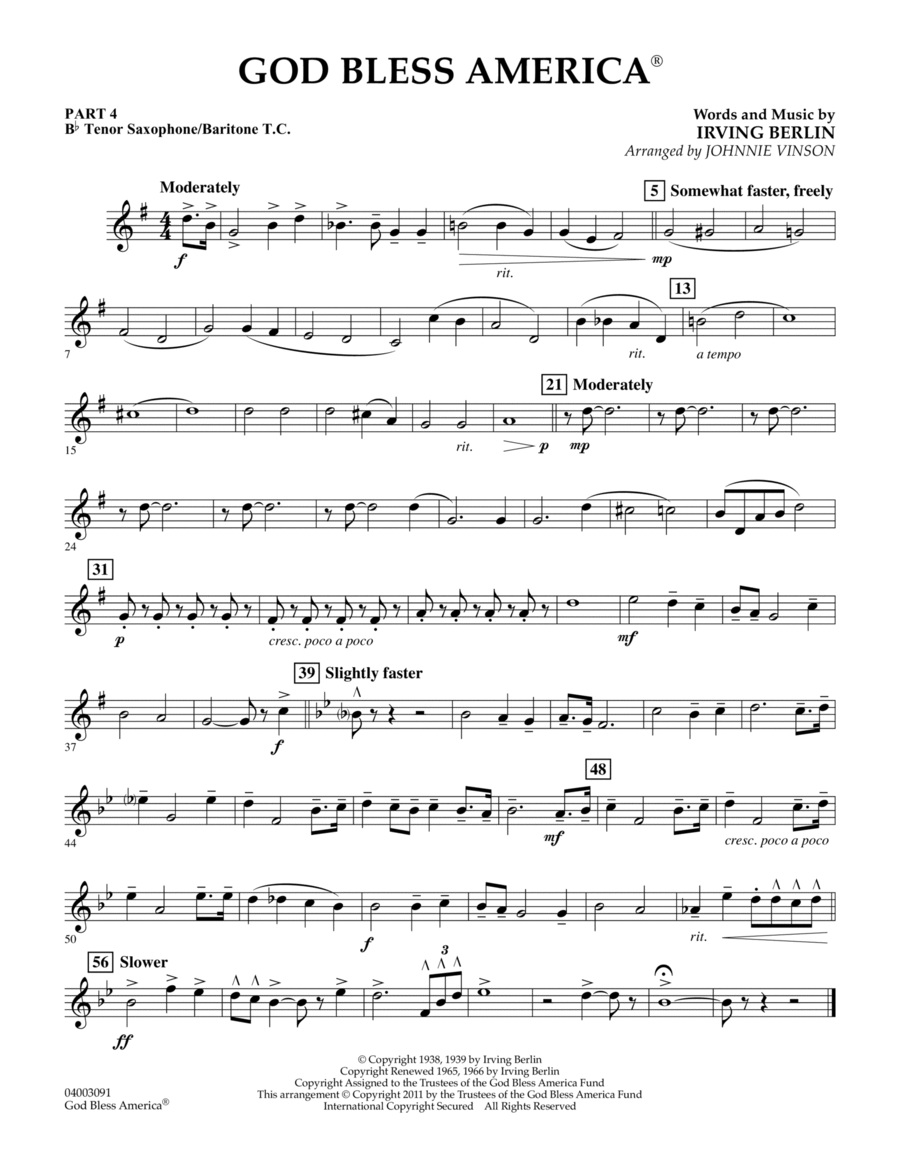 God Bless America - Pt.4 - Bb Tenor Sax/Bar. T.C. Concert Band scores gallery preview page 1