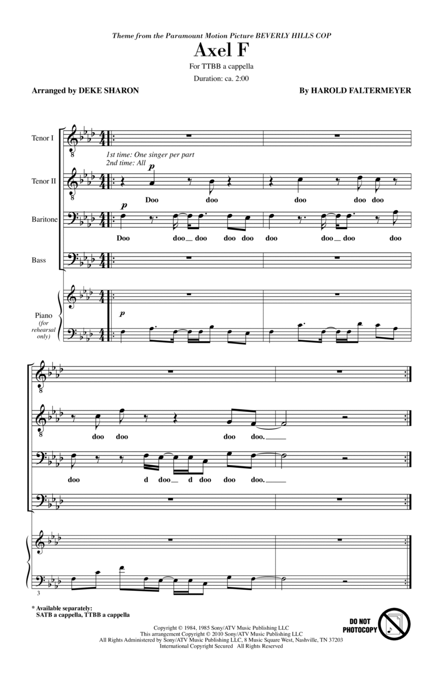 Axel F (from Beverly Hills Cop) (arr. Deke Sharon) TTBB scores gallery preview page 1