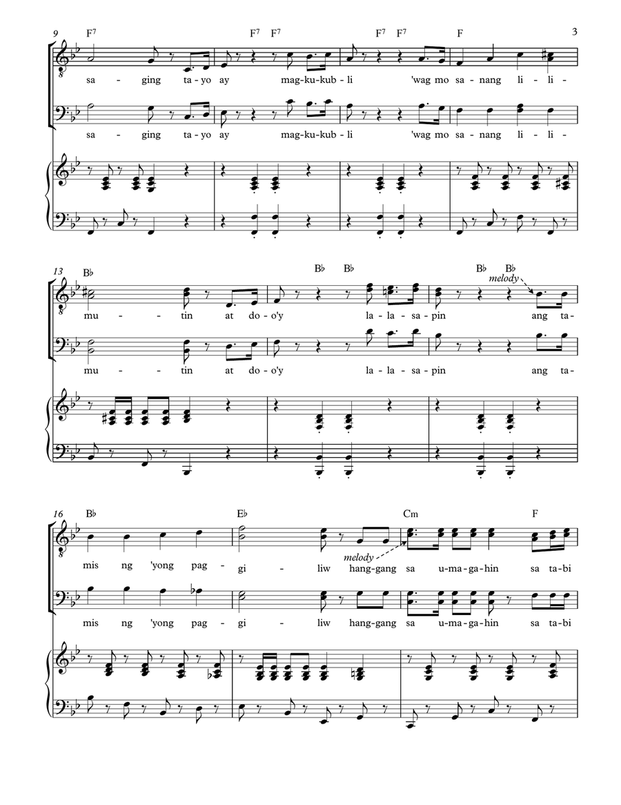 Sa Tabi ng Punong Saging. A Filipino traditional song. TTBB and piano TTBB scores gallery preview page 3