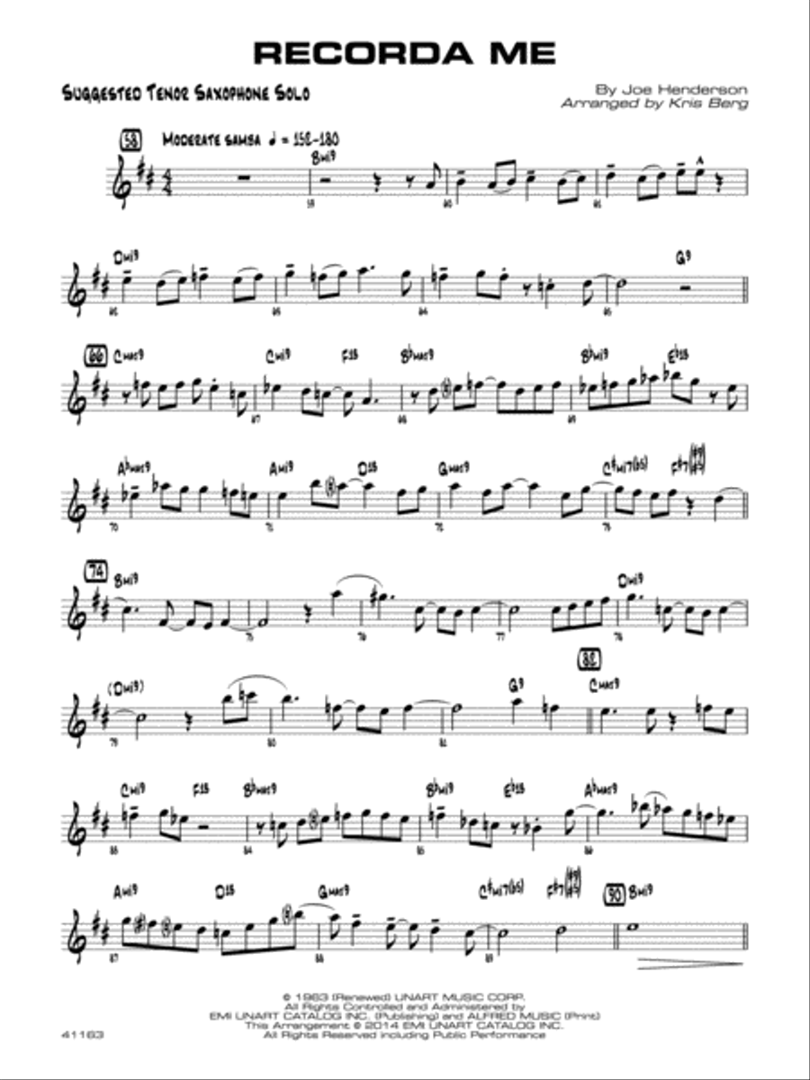 Recorda me: Suggested Tenor Saxophone Solo Jazz Ensemble scores gallery preview page 1
