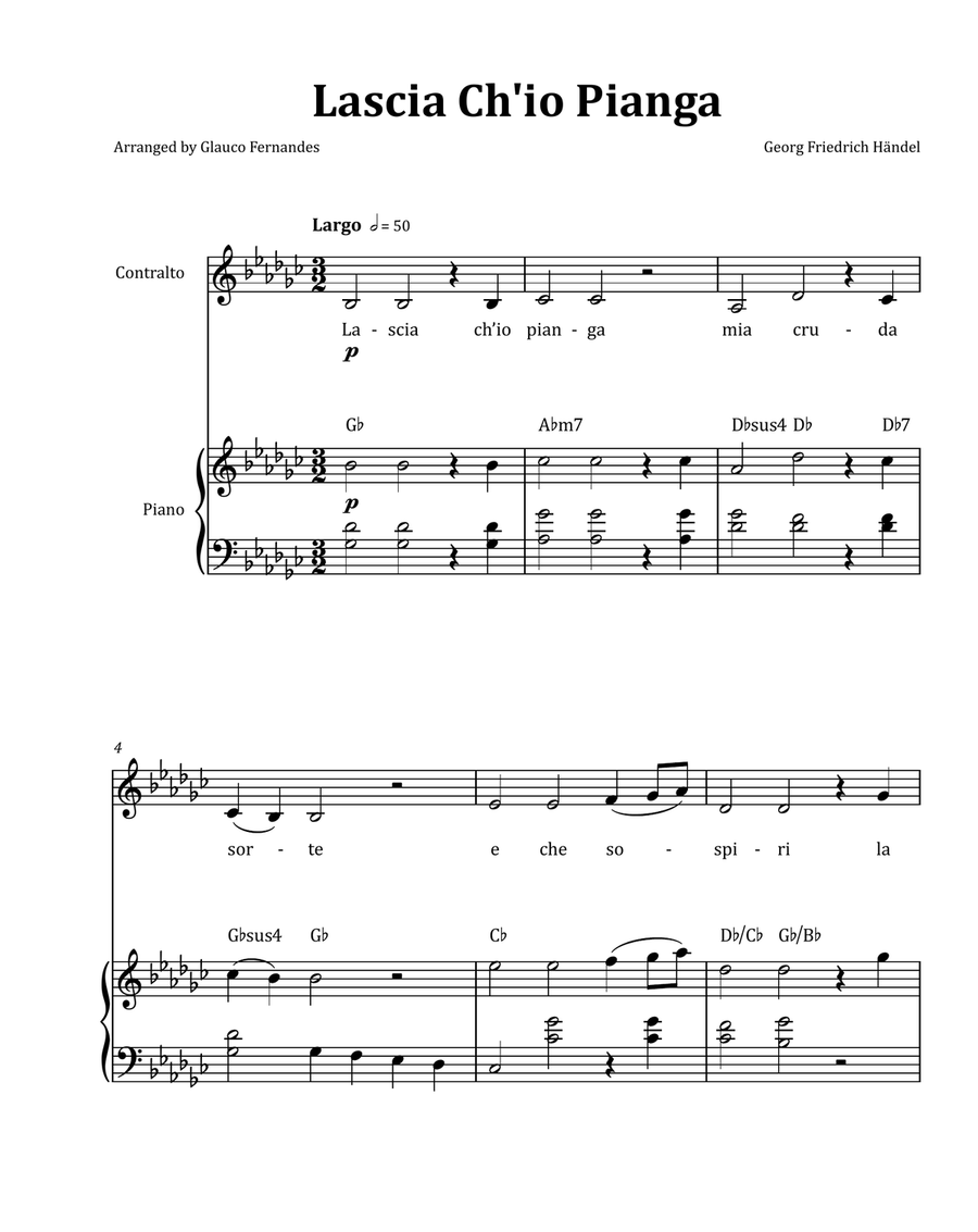 Lascia Ch'io Pianga by Händel - Contralto & Piano in G-flat Major with Chord Notation Chamber Music scores gallery preview page 1