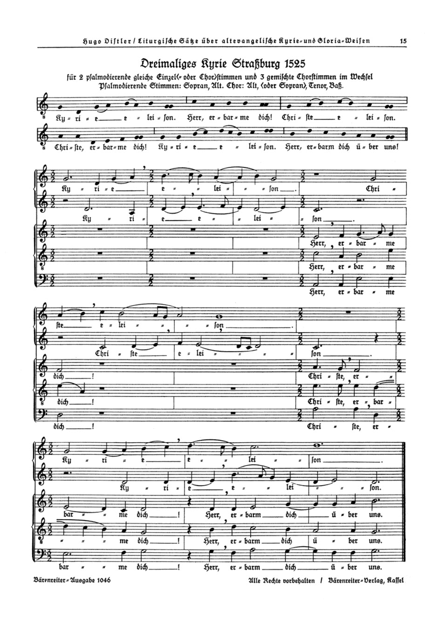 Dreimaliges Kyrie Strassburg 1525 (SA+STB) / Dreimaliges Kyrie Martin Luthers 1526 (Solo-S, SATB) op. 13 STB scores gallery preview page 1