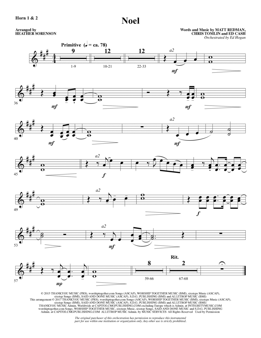Noel (feat. Lauren Daigle) (arr. Heather Sorenson) - F Horn 1 & 2 Choir scores gallery preview page 1