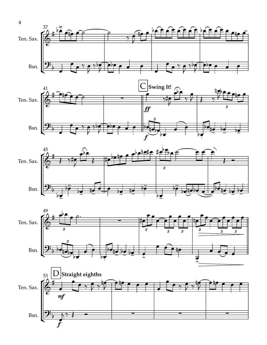 Two Hot to Handle (duet for Tenor Sax and Bassoon) Woodwind Duet scores gallery preview page 4