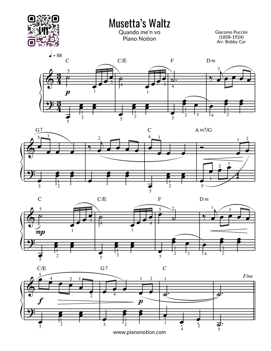 Musetta’s Waltz - Quando me'n vo' soletta (Piano Solo) Easy Piano scores gallery preview page 1