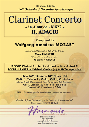 MOZART Clarinet Concerto K 622 - II. ADAGIO // for Bb clarinet or A clarinet // Original or Modern F