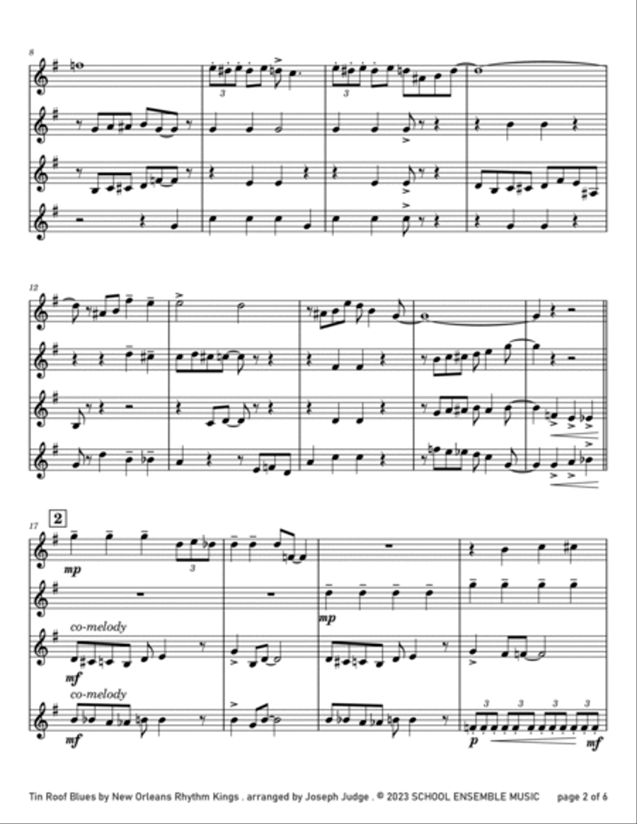Tin Roof Blues by The Kings for Clarinet Quartet in Schools Clarinet Quartet scores gallery preview page 2