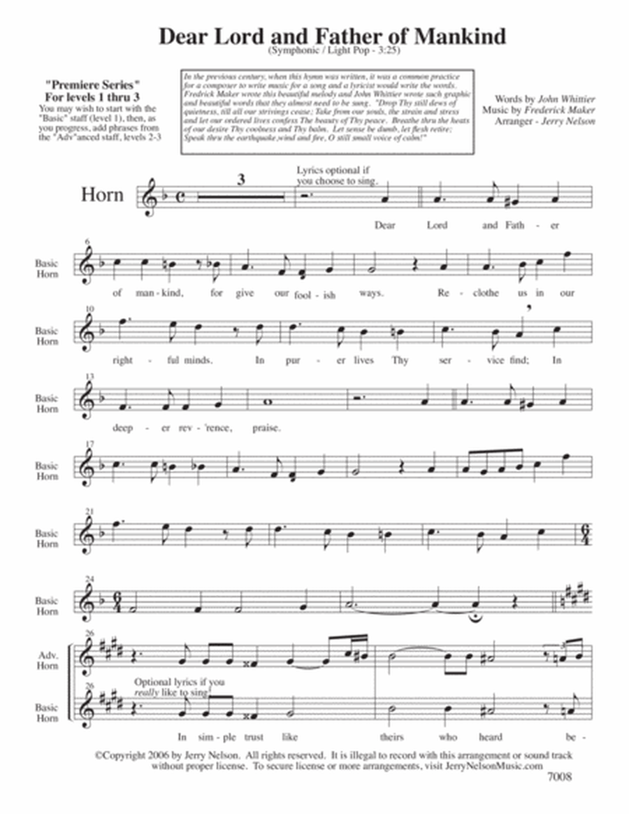 Dear Lord and Father of Mankind (Arrangements Level 1-3 for HORN + Written Acc) Hymn image number null