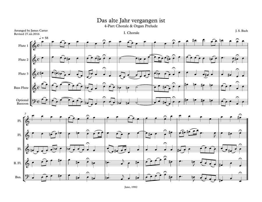 Das alte Jahr vergangen ist, I. Chorale, by J.S. Bach, arranged for Flute Choir (3 Flutes, Bass Flut