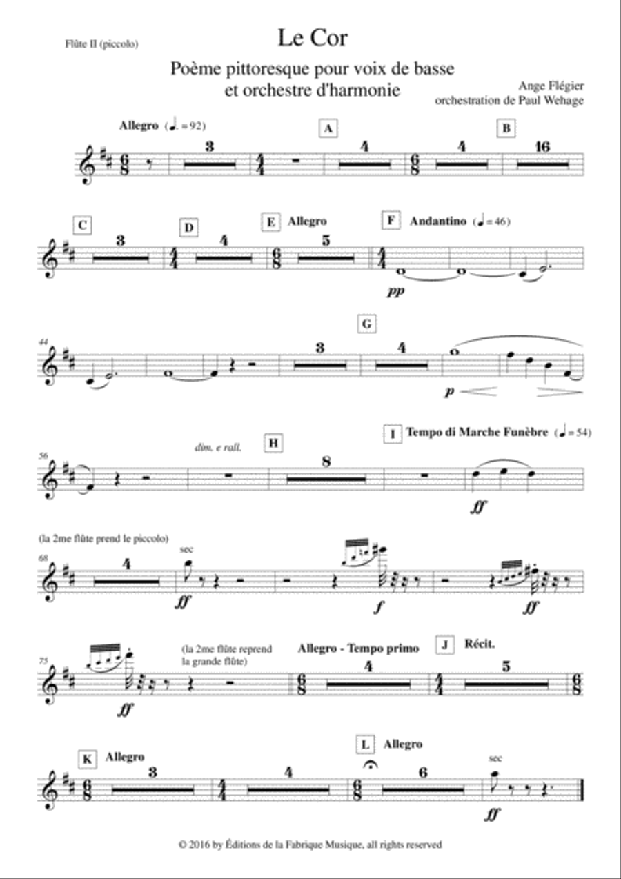 Ange Flégier: Le Cor for bass voice and concert band,flute II (piccolo) part Concert Band scores gallery preview page 1
