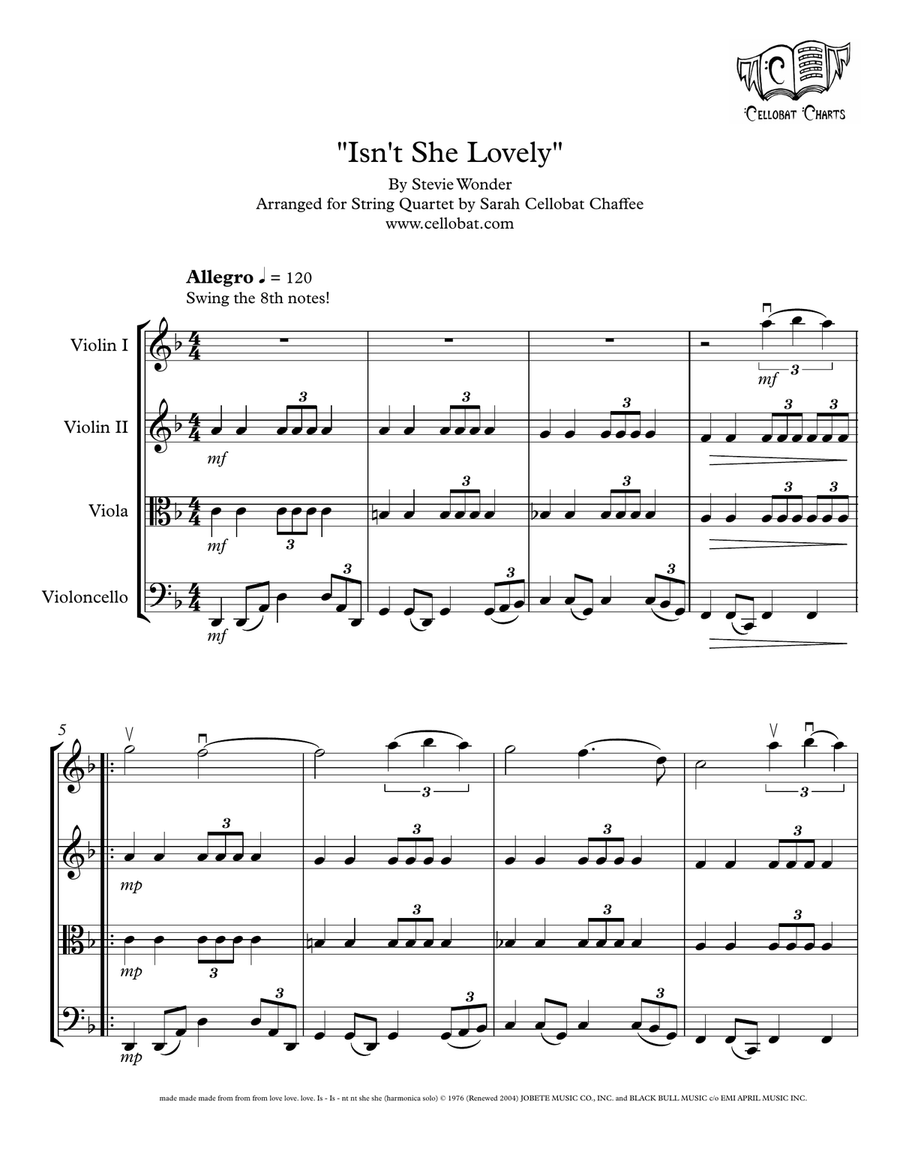 Isn't She Lovely by Stevie Wonder String Quartet - Digital Sheet Music