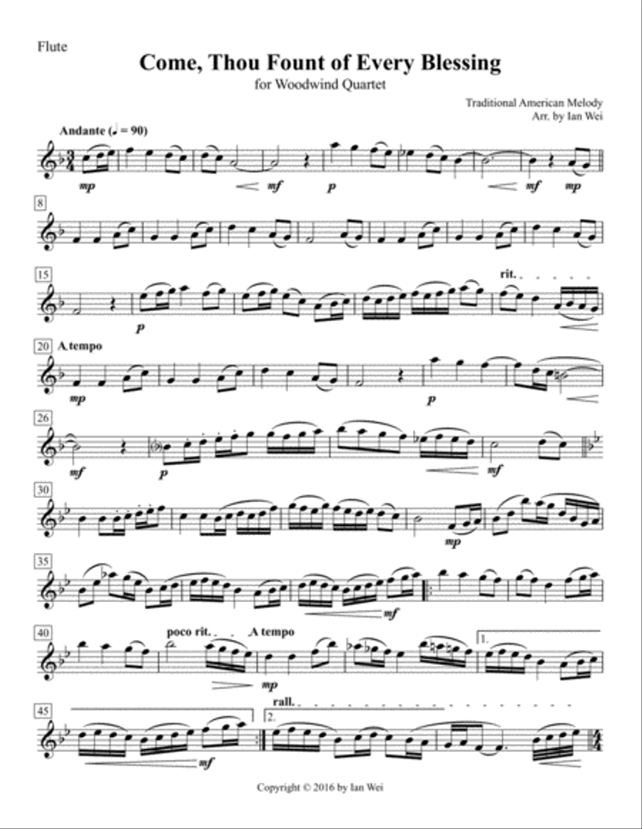 Come, Thou Fount of Every Blessing for Woodwind Quartet Woodwind Quartet scores gallery preview page 1
