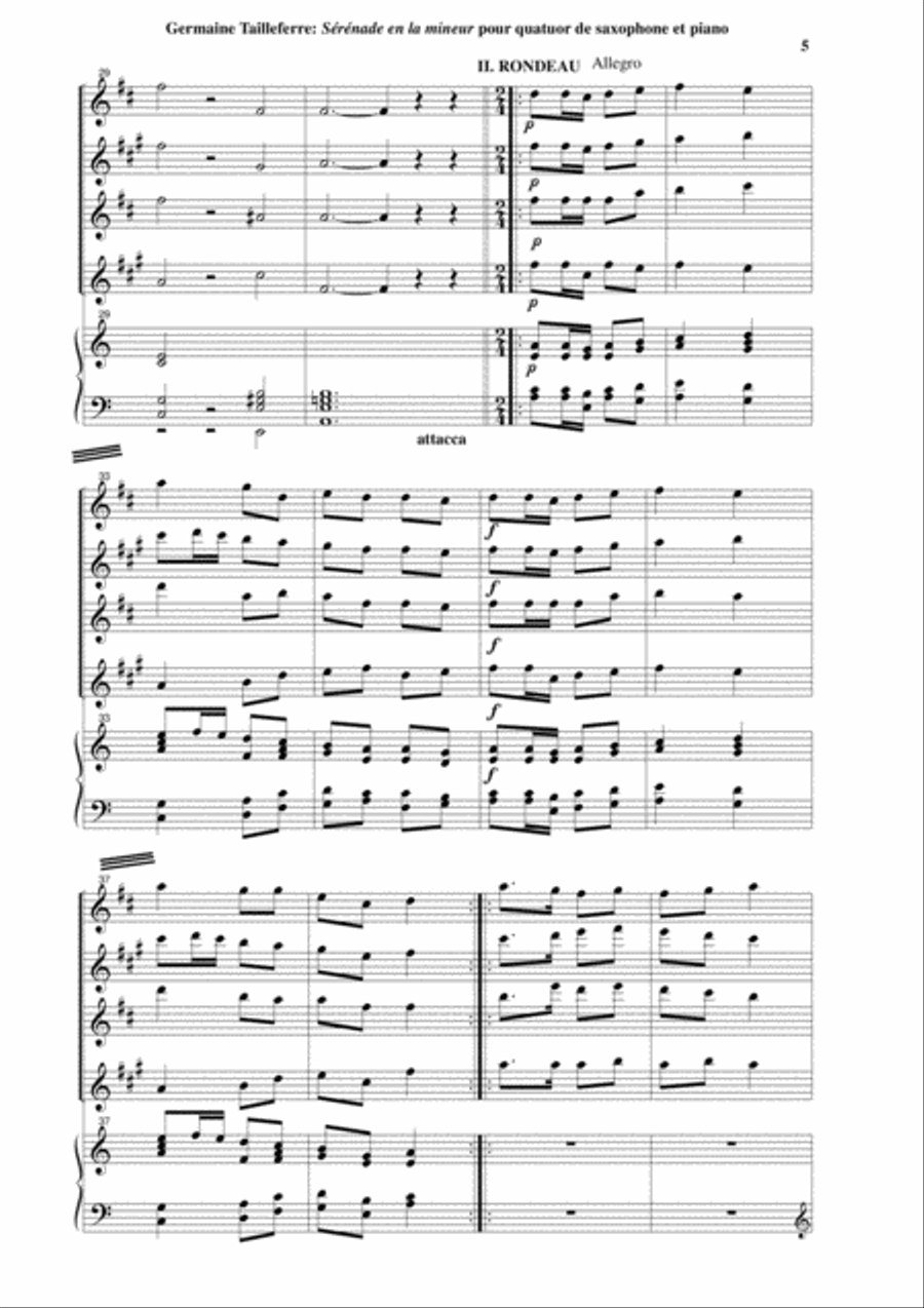 Germaine Tailleferre: Sérénade en La Mineur for SATB saxophone quartet and piano or harpsichord Woodwind Quartet scores gallery preview page 5