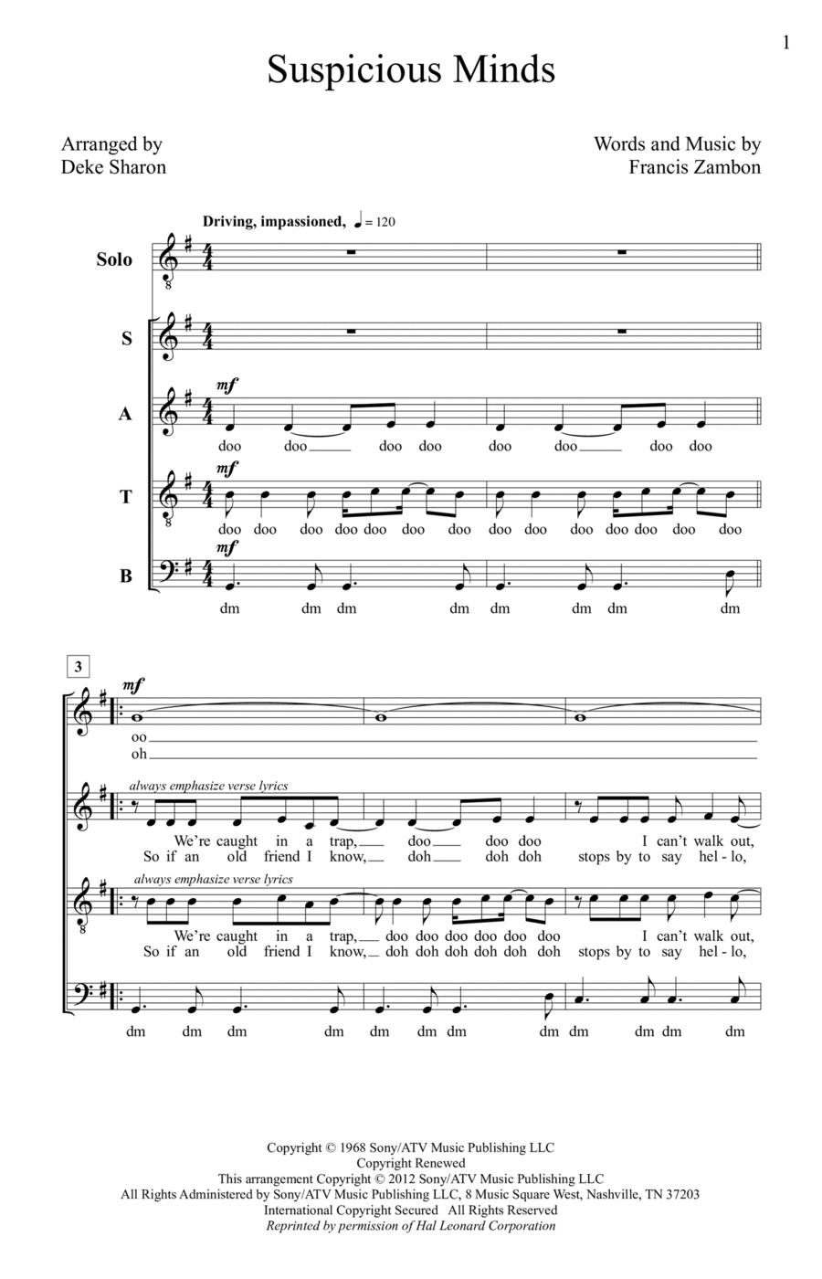 Suspicious Minds (arr. Deke Sharon) 4-Part scores gallery preview page 1