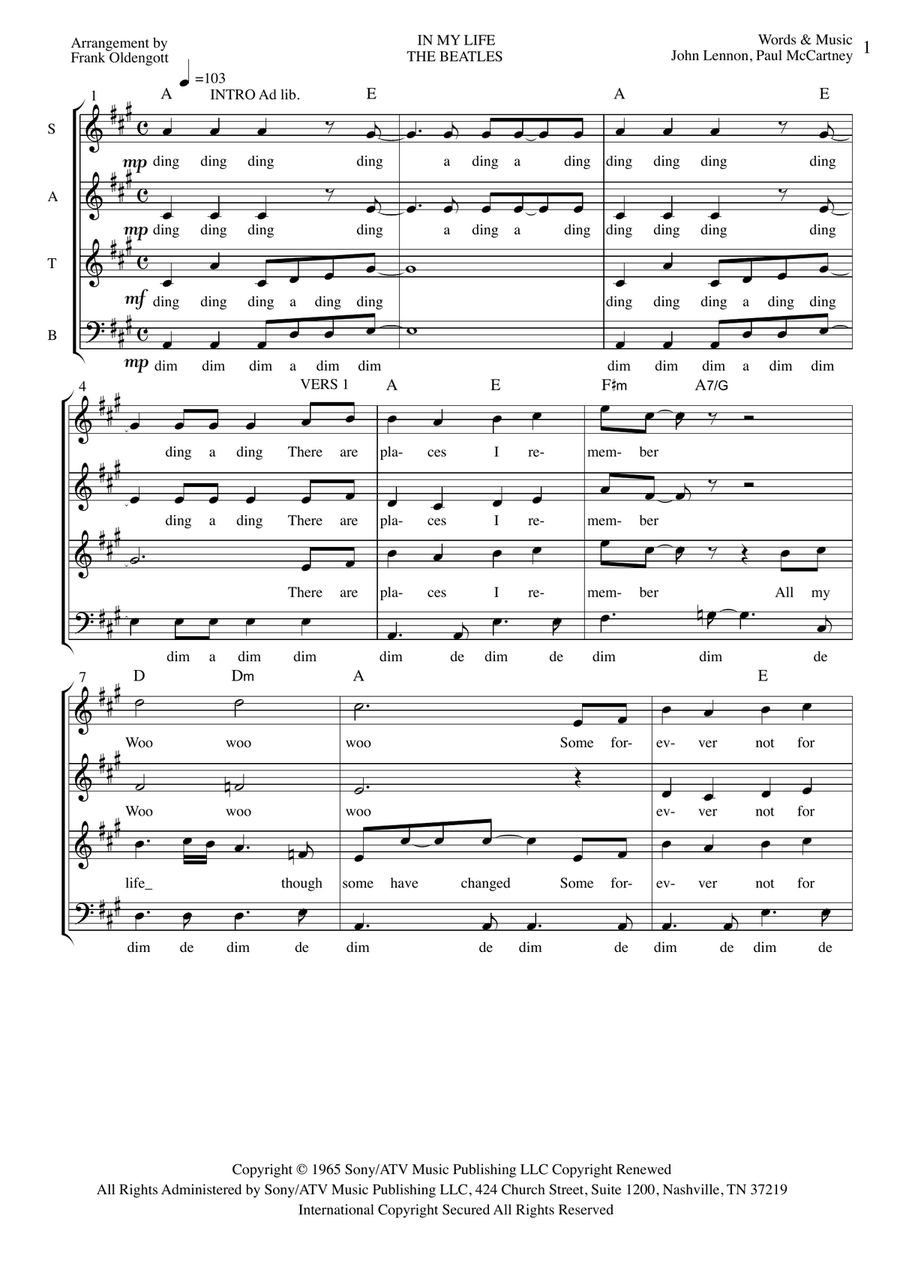 In My Life 4-Part scores gallery preview page 1