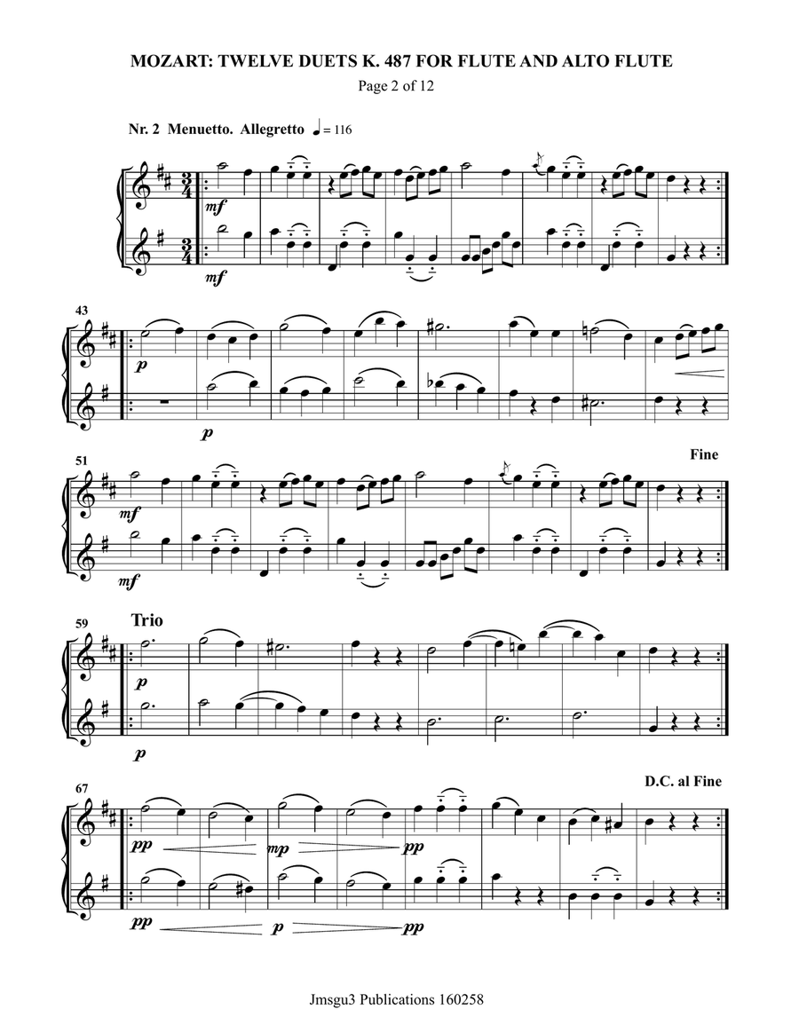 Mozart: Twelve Duets K. 487 for Flute & Alto Flute Flute Duet scores gallery preview page 2