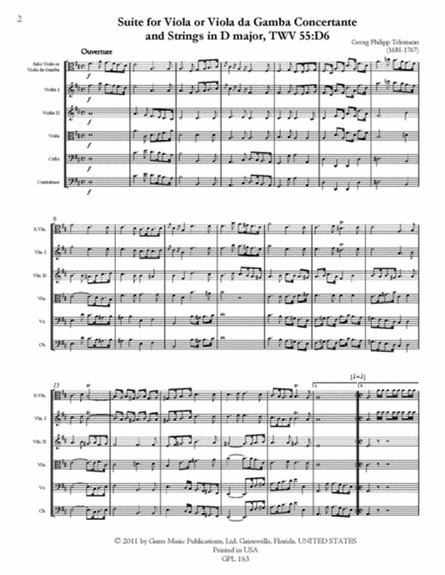 Suite in D major, TWV 55:D6 for Viola or Viola da Gamba Concertante and Strings