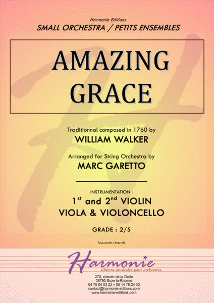 AMAZING GRACE - Traditionnal - for String Quartet or Beginner String Orchestra - Arranged by Marc Ga image number null