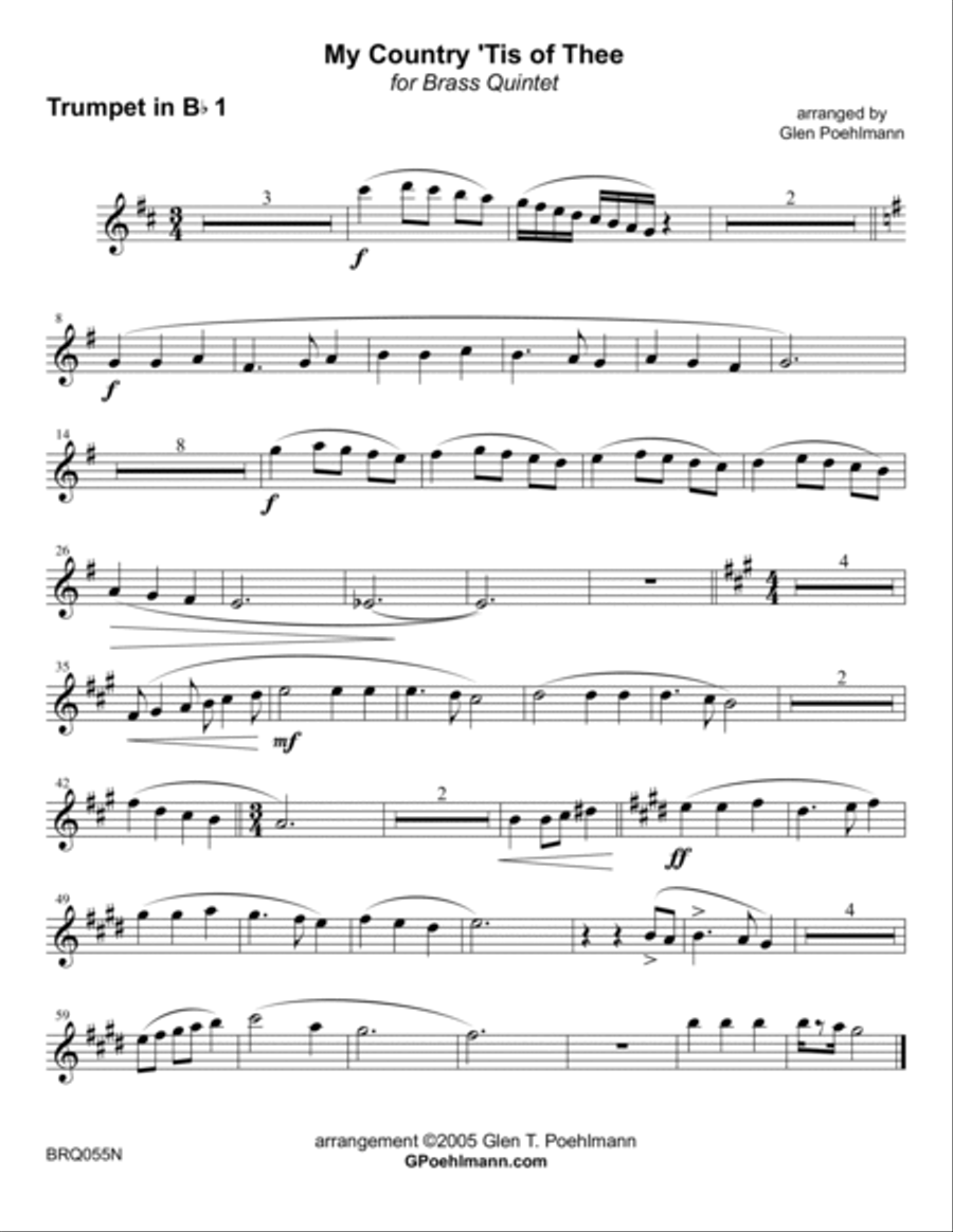 MY COUNTRY TIS OF THEE - BRASS QUINTET (or Sextet) - unaccompanied Brass Quintet scores gallery preview page 4
